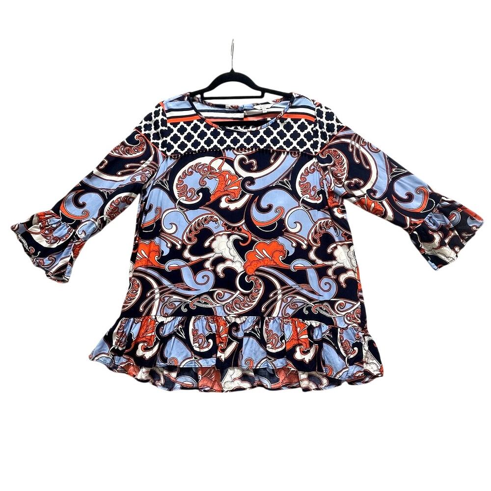 Crown & Ivy Top Women M Blue Paisley Boho Ruffle Sleeve Peasant Flowy Flare EUC